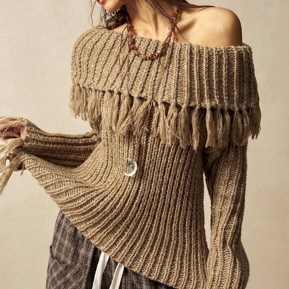Khaki Casual Women's Off Shoulder Fringe Knit Sweater - Picture 8 of 9